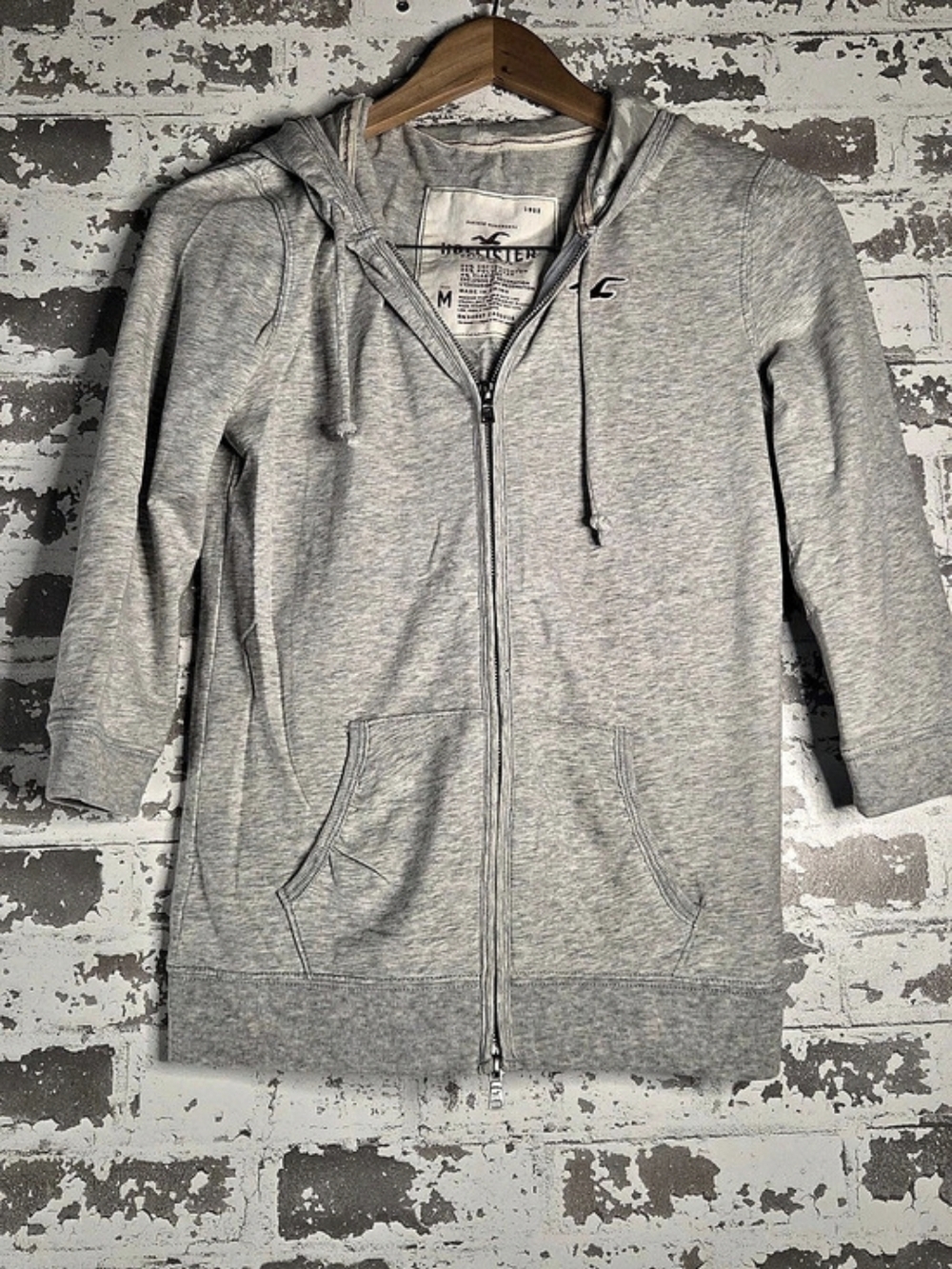 Hollister Gray Full Zip Hoodie Sweatshirt Medium Floral Hood Vintage Y2K